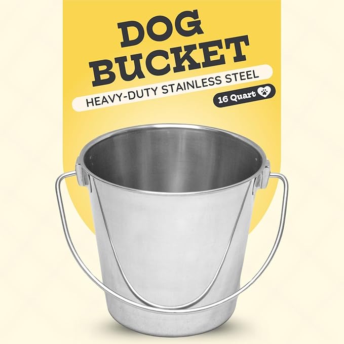 16 quart Heavy Duty Stainless Steel Round Bucket with Handle | 4 gal Sturdy Food & Water Bowl for XL Dog Goat sheep Horse & Livestock | Fits kennel Crate Cages Farm | Hanging Utility Pail
