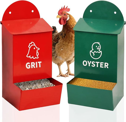 No Waste Chicken Grit and Oyster Shell Feeder 2 Pack, Wall Mounted Metal Poultry Feeders for Coop or Fence, Rustproof Dual Compartments Chicken Feeder for Backyard Flocks