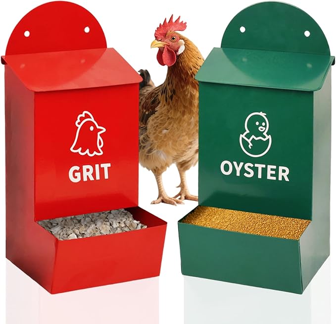 No Waste Chicken Grit and Oyster Shell Feeder 2 Pack, Wall Mounted Metal Poultry Feeders for Coop or Fence, Rustproof Dual Compartments Chicken Feeder for Backyard Flocks