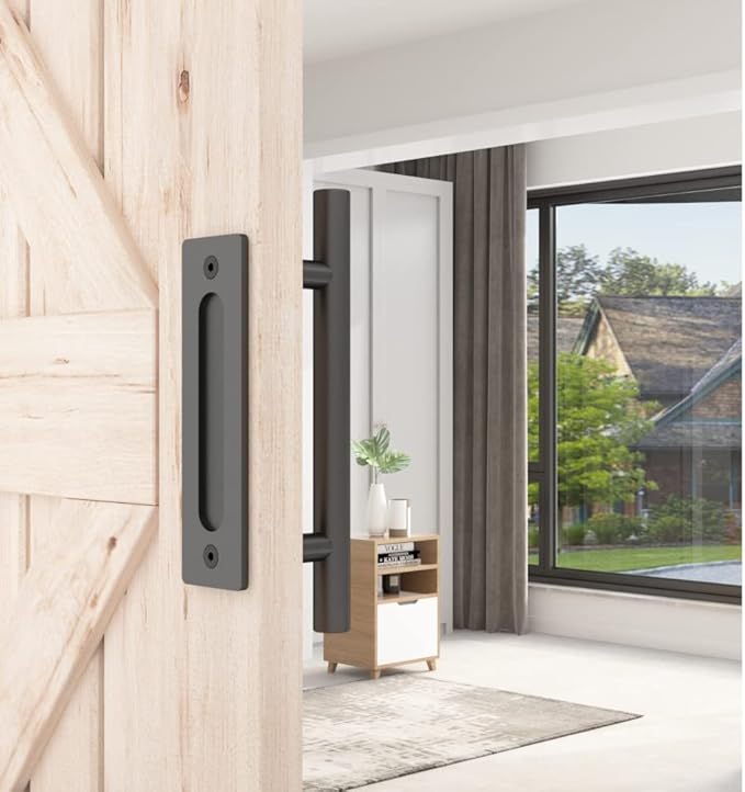 SKYSEN 2 Pack 12" Barn Door Handles, Sliding barn Door Pull Handle, No Gap Flat Plate Design- Heavy Duty- Round- Easy to Install- Matt Black (681-2)