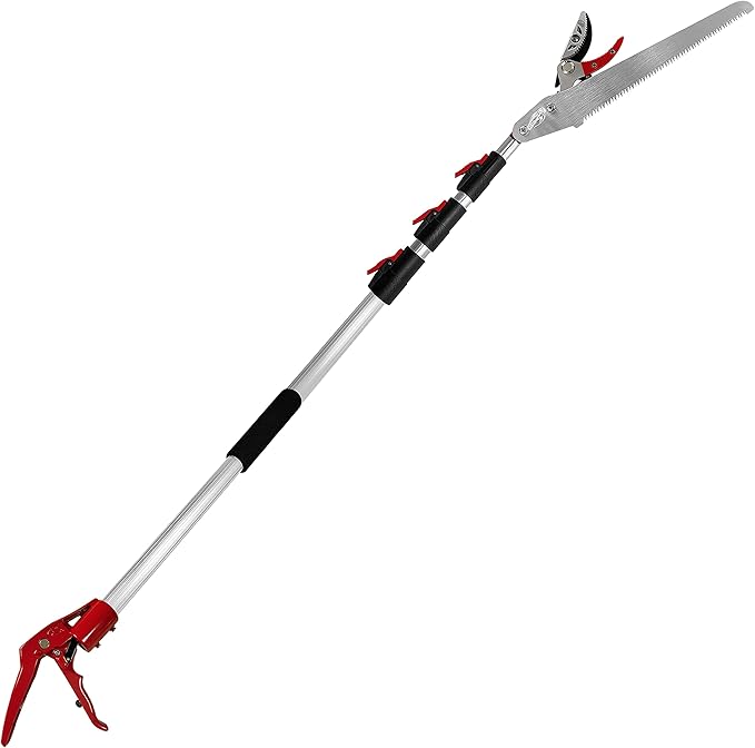 5.4-14.8 FT Tree Pruner Extendable 4 Sections, Telescopic Cut and Hold Trimmers Pole Saws Trimming Long Reach Pruning Shears Branch Cutter Clipper Bypass Lopper Fruit Picker