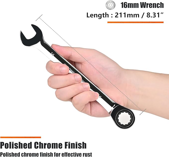Egofine 16mm Ratcheting Combination Wrench Metric, Industrial Grade Gear Spanner with 12-Point Design, 72-Tooth Ratchet, Chrome Vanadium Steel
