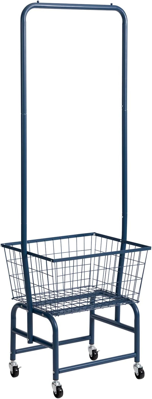 ALIMORDEN Laundry Cart with Clothes Rack, Rolling Laundry Butler with Wire Storage Rack，Navy Blue