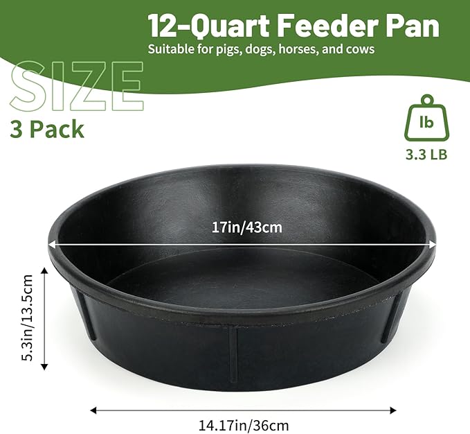3Pcs Rubber Feed Pan,12 Quart / 3 Gallon Large Horse Feed Bucket Chicken Dust Bath Tub Rubbers Tub Livestock Pan Dog Bowl Rubber Horse Feeder for Pig Goat Chicken Farm Animal Feeding