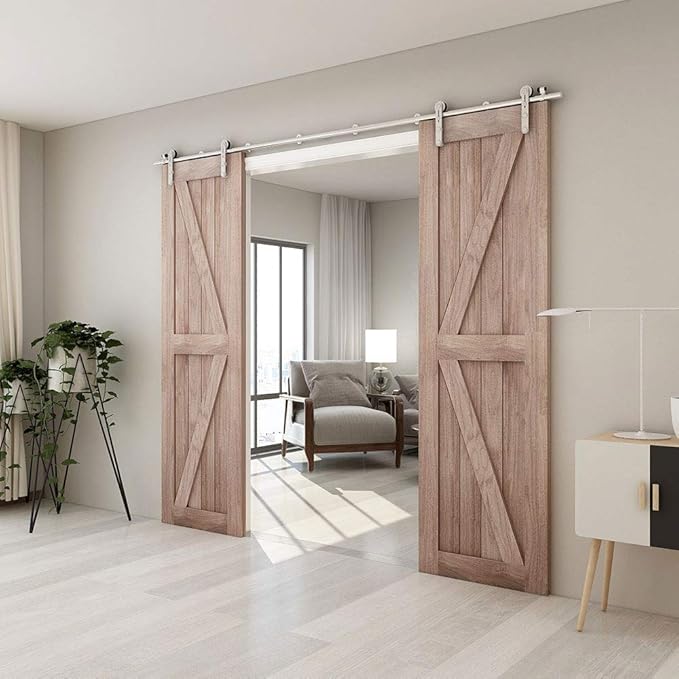 TSMST 6FT Sliding Barn Door Hardware Kit, Stainless Steel Heavy Duty Sturdy Barn Door Track for Double Wood Door, Slide Smoothly Quietly (I Style)