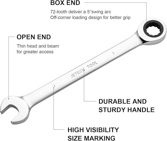 Jetech 1 inch Ratcheting Combination Wrench, Industrial Grade Gear Spanner with 12-Point Design, 72-Tooth Ratchet, Forged and Heat-Treated Cr-V Steel, SAE