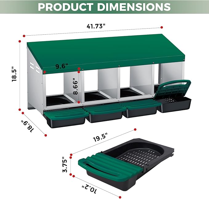 GarveeLife Chicken Nesting Box, 4 Compartments Laying Nest Boxes for Laying Eggs Chicken Brooder Box Nest Box with Perch 4 Hole Green