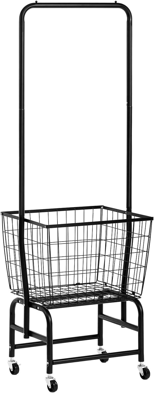 ALIMORDEN Laundry Cart with Clothes Rack, Rolling Laundry Cart with Wheels, Extra Large Basket, Black