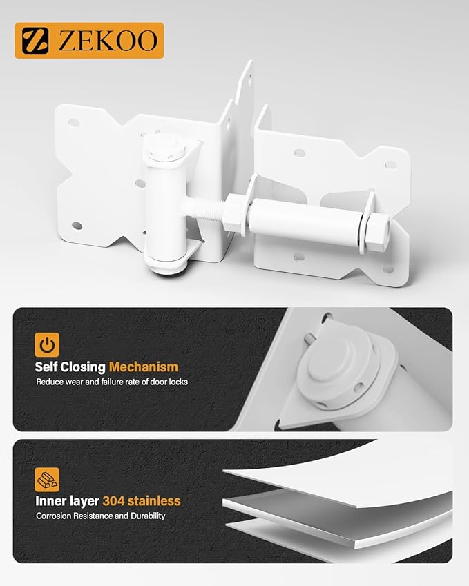 ZEKOO Stainless Steel Gate Hardware Kit, Self Closing Gate Hinges and Latch, Rust Proof, Use for Vinyl Fence Gate and Wood Fences Gate, Heavy Duty 2 Gate Latches 4 Gate Hinges (White)
