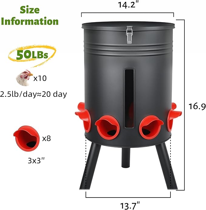 KOL 50 LB Large Free Standing Chicken Feeder, Portable Gravity Chicken Feeder Automatic, Dispenser, 8 Feeding Ports Poultry Feeder for Chicken Rooster & Hen (Black)