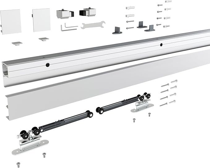 JUBEST 6FT Sliding Barn Door Track Kit, Aluminium Box Rail Wall Mounted Hidden Barn Door Hardware Kit, for Various Modern Doors, Easy to Install, Low Clearance