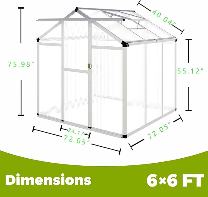 6 x 6 FT Greenhouse for Outdoors,Aluminum Walk-in Greenhouse,Silver