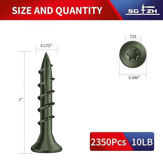 #8 x 1 Inch Deck Screws (2350Pcs) 10lb. Carbon Steel, Green, Flat Head, Rust Resistant epoxy Coated, with T25 Star Bit