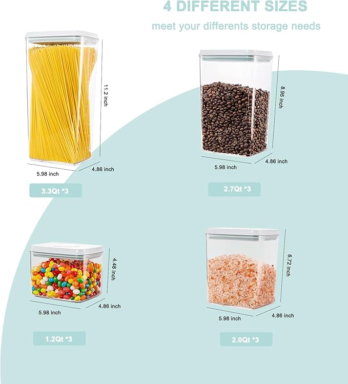 Pop Containers with Lids - Stackable Airtight Food Storage, Kitchen Pantry Storage Containers for Snacks Candy Salt Herbs Spices BPA-Free (12PCS (1.2 + 2.0 + 2.7 + 3.3 Qt) * 3)