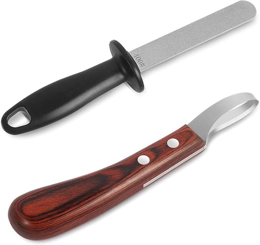 Hoof Knife with Sharpener,Farrier Tool Kit,Double Edged Hoof Trimming Knife with Wooden Handle, High-Carbon Steel Blade Hoof Knife for Horses