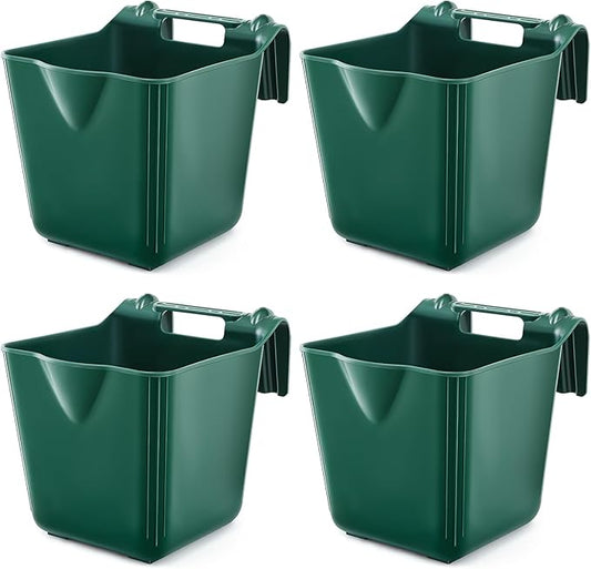 Marsui 4 Pack 15 Quart Horse Feeders for Stall Hook Over Hanging Fence Hay Feeder Mountable Livestock Plastic Feed Bucket for Farm Stalls Pasture, Stable to Feed Horses Sheep Cattle Cows Etc(Green)