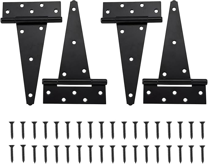 HOME MASTER HARDWARE 6 Inch T-Strap Heavy Duty Shed Door Hinges, Black Stainless Steel Heavy Duty Gate Hinges Tee Hinge for Wooden Fences,Yard Door, Barn Door Gates, Rustproof Wrought with Screws, 4 P