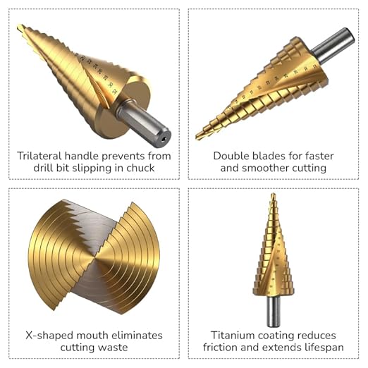 35-Pieces HSS Metal Drill Bits Set, Screwdriver Bit Titanium Step Bits Paddle Flat Bits Twist Step Drills Hex Shank Hole Saw Kit, High Speed Steel, Industrial Drill Bits