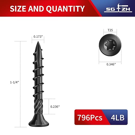 #8 x 1-1/4" Deck Screws (796Pcs) 4lb. Carbon Steel, Black, Flat Head, Rust Resistant epoxy Coated, with T25 Star Bit