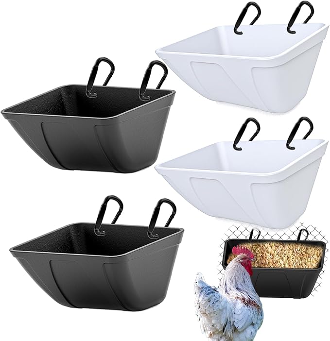 Hanging Chicken Feeder Trough for Goat Sheep Deer Poultry Duck Chicken Fence Feeder Livestock Feeding Container Goats Supplies Feeders Waterer Bucket (Black and White)