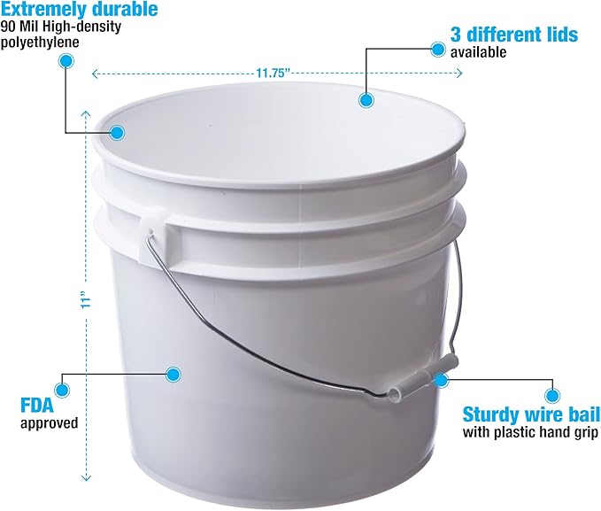 Consolidated Plastics 3.5 Gallon White Food Grade Buckets + 6 Gamma Seal Lids, BPA Free Container Storage, Durable HDPE Pails, Made in USA (6 Pack)
