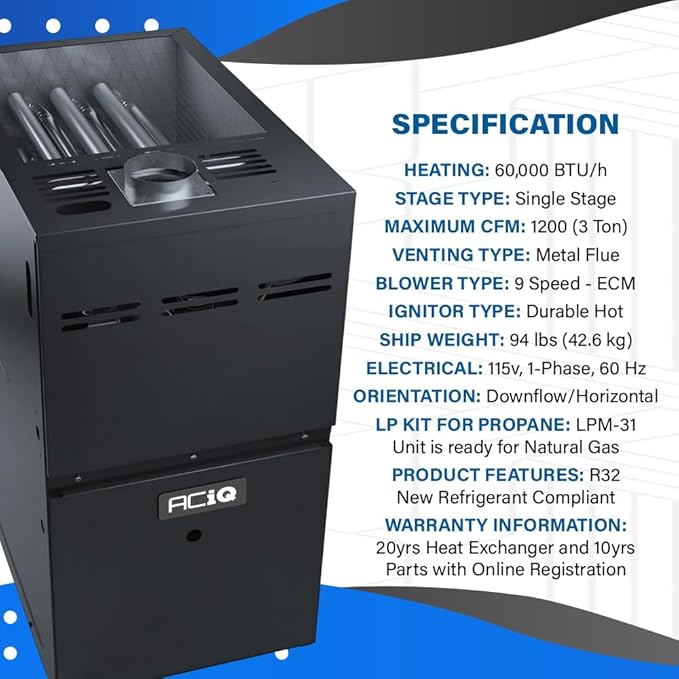 ACiQ 80% 60,000 BTU Single Stage Gas Furnace with LP Kits - 14" Width - Upflow/Horizontal | 1200 CFM HVAC Gas Heater