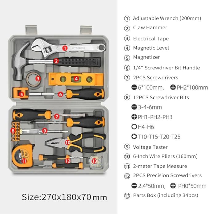 59 Piece Household Tool Kit, Portable Magnetic Hand Tool Set, for Home, Garage, and Office Repairs