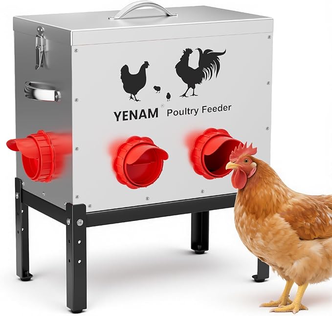 40 lb Automatic Chicken Feeder No Waste, 6 Feeding Port Large Metal Chicken Feeders, Poultry Feeder with Adjustable Height Base & Locking Lid, Rat Proof Chick Feeder for Chickens, Ducks & Geese