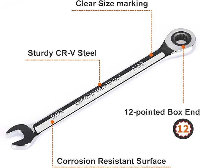 Egofine 9/32 inch Ratcheting Combination Wrench SAE, Industrial Grade Gear Spanner with 12-Point Design, 72-Tooth Ratchet, Chrome Vanadium Steel