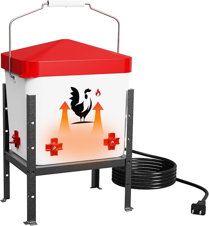 Heated Chicken Waterer for Winter, 1.9 Gallon Poultry Water Heater with 4 Horizontal Nipples, Thermostatically Controlled, 3 Adjustable Heights, Anti-Freezing Watering System for Coop