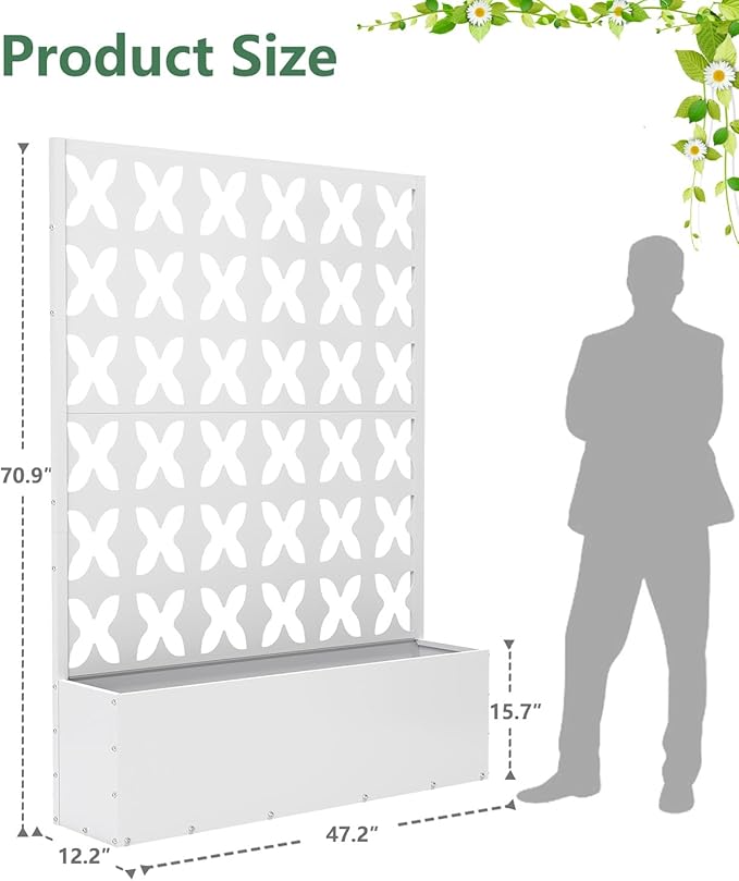 Metal Planter Box with Trellis,70.9"x47.2"x15.7" Raised Garden Bed with Drainage Holes, Privacy Planters for Outdoor Garden Bed for Climbing Plants,Vegetables,and Vines, White-X