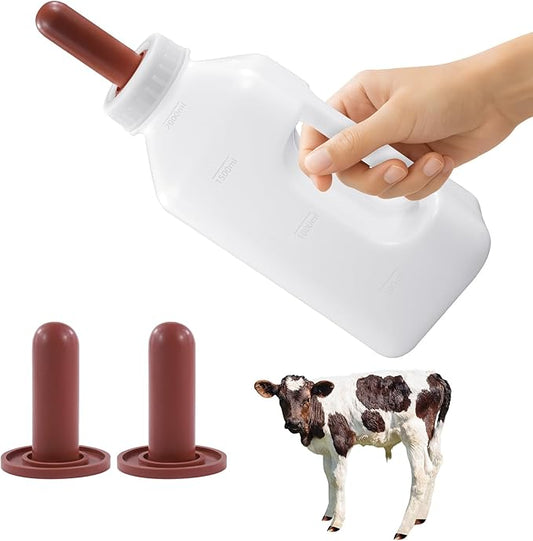 Livestock Bottle Feeding Kit, 2L Calf Milk Feeder with 3 Silicone Nipples, White, BPA-Free Plastic Bottle with Slow Flow Design for Farm Animals