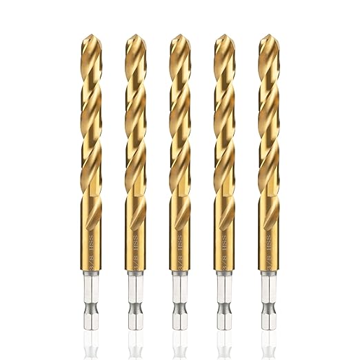 amoolo 3/8 Impact Drill Bit Sets, 5Pcs Titanium HSS Twist Hex Shank Drill Bit Set for Metal, Steel, Wood, Plastic, Quick Change Design