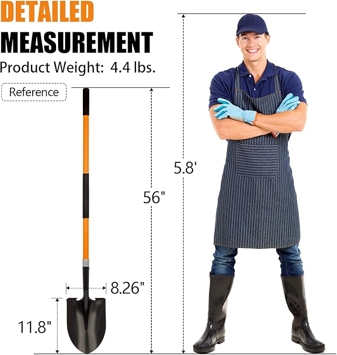 VNIMTI Heavy Duty Gardening Shovel, 56 Inch Round Blade with Fiberglass Handle (Orange)