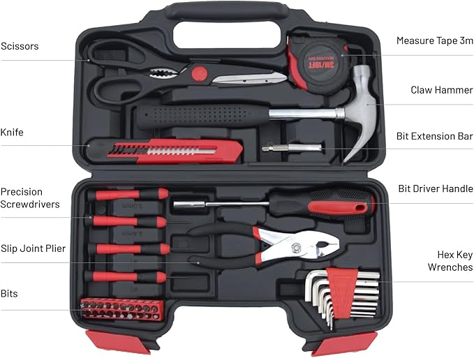39-Piece Household Tools Kit - Comprehensive and Essential Repair Set Tools for Dorm, Home Use, DIY (39p-red)