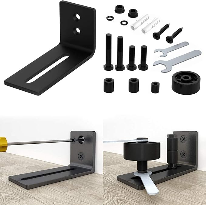 WINSOON Sliding Barn Door Floor Guide Wall Mounted Hardware for Flush Bottom Adjustable Stay Rollers, Set of 2,8 Setup Options, Smooth Wheels Fit Most Closet Pocket Doors, Black