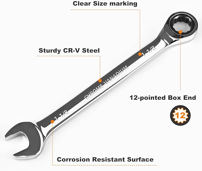 Egofine 1-1/8 inch Ratcheting Combination Wrench SAE, Industrial Grade Gear Spanner with 12-Point Design, 72-Tooth Ratchet, Chrome Vanadium Steel