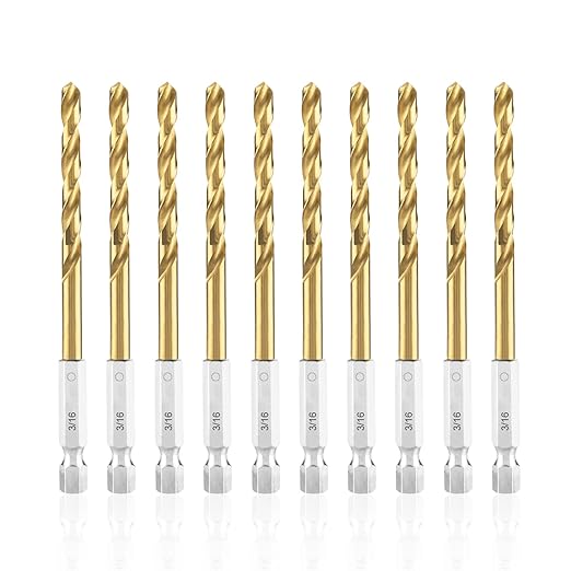 amoolo 3/16 Twist Drill Bit Set, 10Pcs Titanium HSS Hex Shank Impact Drill Bit Set for Metal, Steel, Wood, Plastic, Quick Change Design