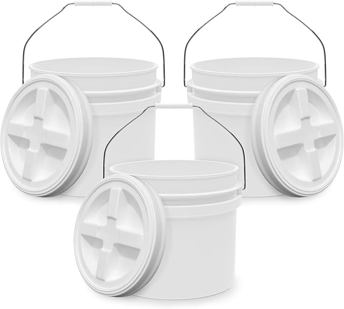 3.5-Gallon White Bucket Pail with Gamma Seal Screw on Airtight Lid, Heavy-Duty 90MIL Extra Durable, Food Grade, Metal Handles with Plastic Grip for Easy Carrying, Easy Stack & Store, BPA Free - 3 Pack