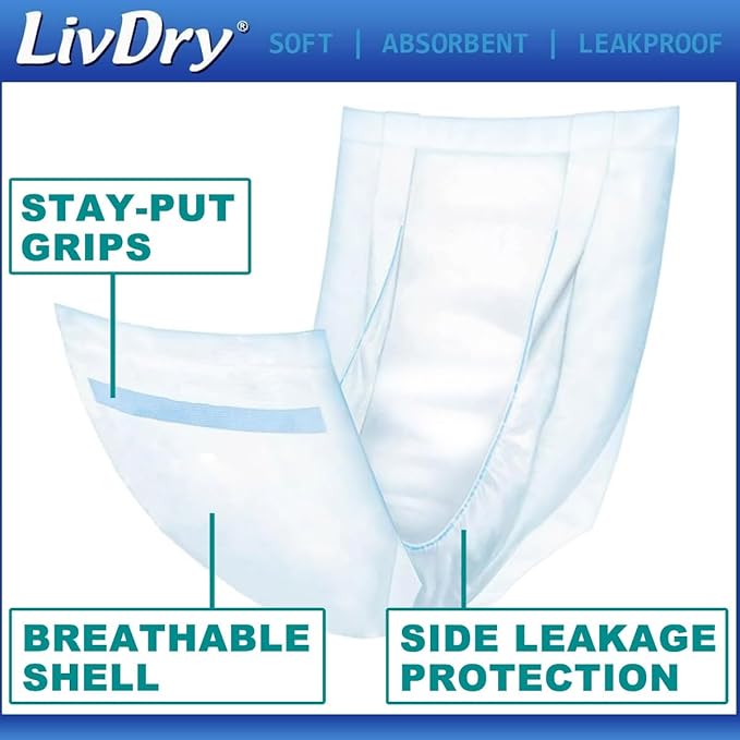 LivDry Incontinence Pads for Women and Men, Long Length Insert, Extra Absorbency with Odor Control (30 Count)