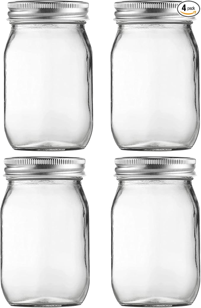 BEWAVE Glass Mason Jars, 16oz Clear Glass Jars with Lids for Sealing, Regular Mouth Canning Jars for Food Storage, Snacks, Candies, DIY Projects, 4 Pack