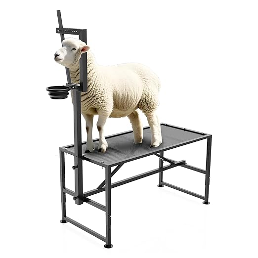 Heavy Duty 600LBs Goat Milking Stand with Feed Bin, 47x23 inch, Adjustable Livestock Table for Sheep & Goat Grooming, Hoof Care, and Shearing, Black