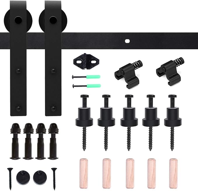 CCJH 9.6FT Single Sliding Barn Door Hardware Kit Black Basic Roller Carbon Steel Hanger Flat Track System for Closet Kitchen 1 Door 57 inch Wide