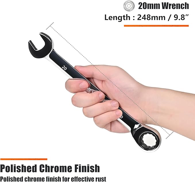 Egofine 20mm Ratcheting Combination Wrench Metric, Industrial Grade Gear Spanner with 12-Point Design, 72-Tooth Ratchet, Chrome Vanadium Steel