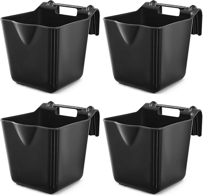 Marsui 4 Pack 15 Quart Horse Feeders for Stall Hook Over Hanging Fence Hay Feeder Mountable Livestock Plastic Feed Bucket for Farm Stalls Pasture, Stable to Feed Horses Sheep Cattle Cows Etc(Black)