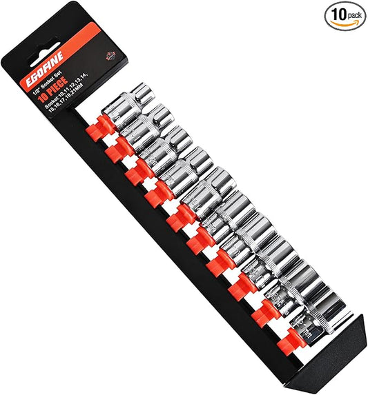 Egofine 10PCS 1/2” Drive Standard Socket Set,Shallow and Metric Socket Set（10mm-21mm,6 Point,With Hanging Bracket,Cr-V Steel