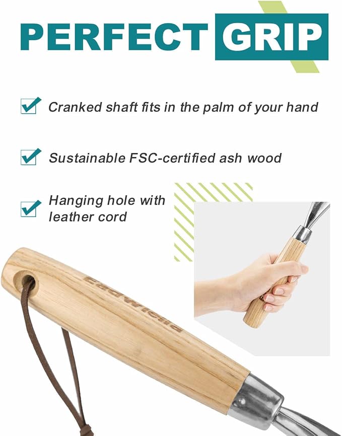 Hand Cultivator with 9-Teeth Rake - 14.4 Inch for Garden Bed Cultivating Soil, Weeding, Raking Leaves, Levelling Gravel - Solid Wood Handle