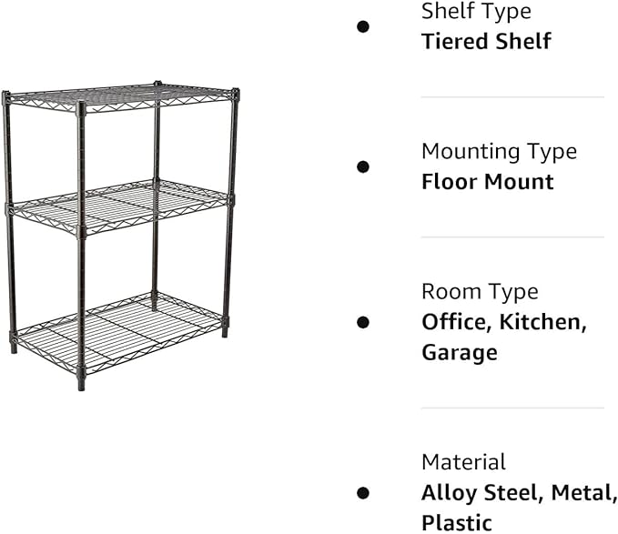 Amazon Basics 3-Shelf Adjustable Heavy Duty Steel Wire Rack Storage Shelving Organizer for Kitchen, Garage, 23.2" L x 13.4" W x 30" H, Black