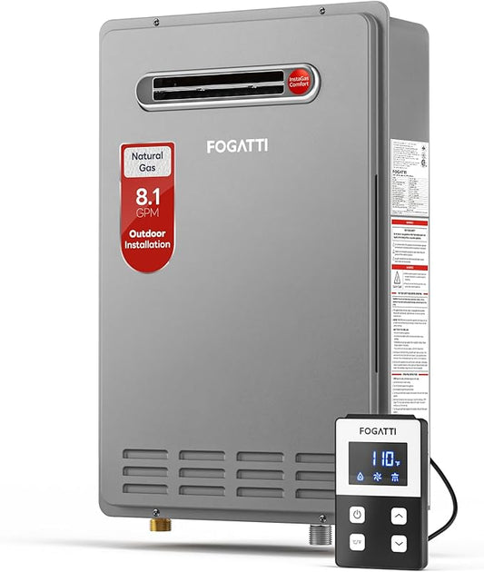 FOGATTI Natural Gas Tankless Water Heater Outdoor - Max 8.1 GPM 180,000 BTU, CSA Certified Compact Design On Demand Instant Hot Water Heater - Instagas Comfort 180S Series
