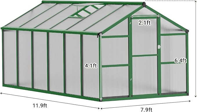 8x12 FT Greenhouse, Easy Assembly Aluminum Polycarbonate Greenhouses for Outdoors with Roof Vent, Large Aluminum Walk-in Greenhouse for Sunroom Patio, Backyard, Garden, Sliding Lockable Door, Green